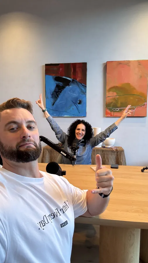 Jack and a guest cheering at the end of a recording